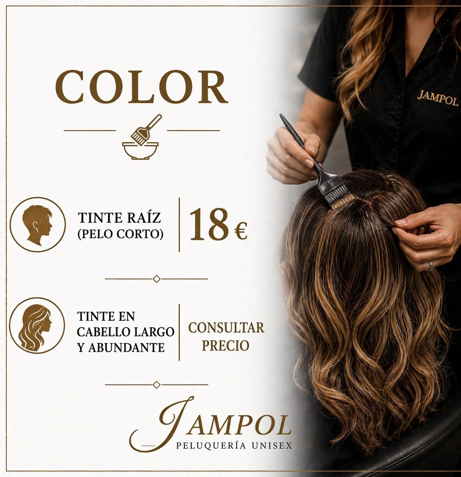 Color: tinte raíz (pelo corto) 18 €; tinte en cabello largo y abundante, consultar precio